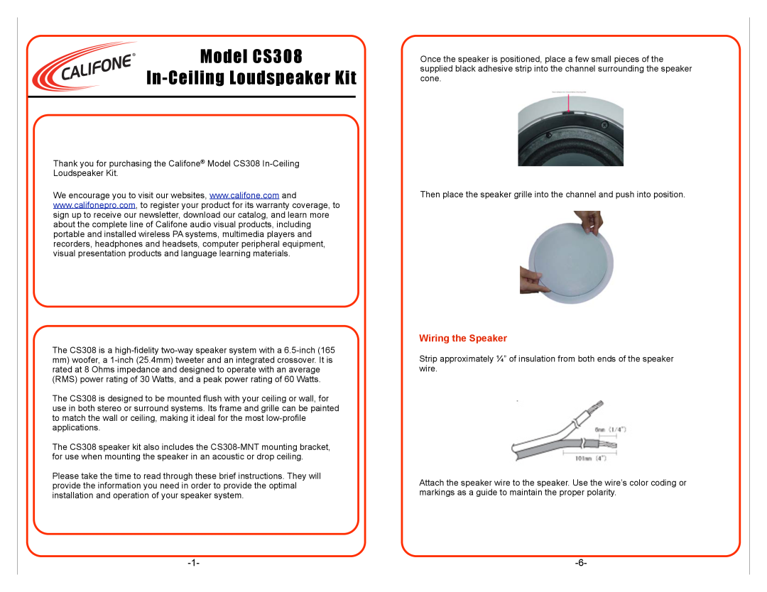 Califone important safety instructions Wiring the Speaker, Model CS308 In-CeilingLoudspeaker Kit 