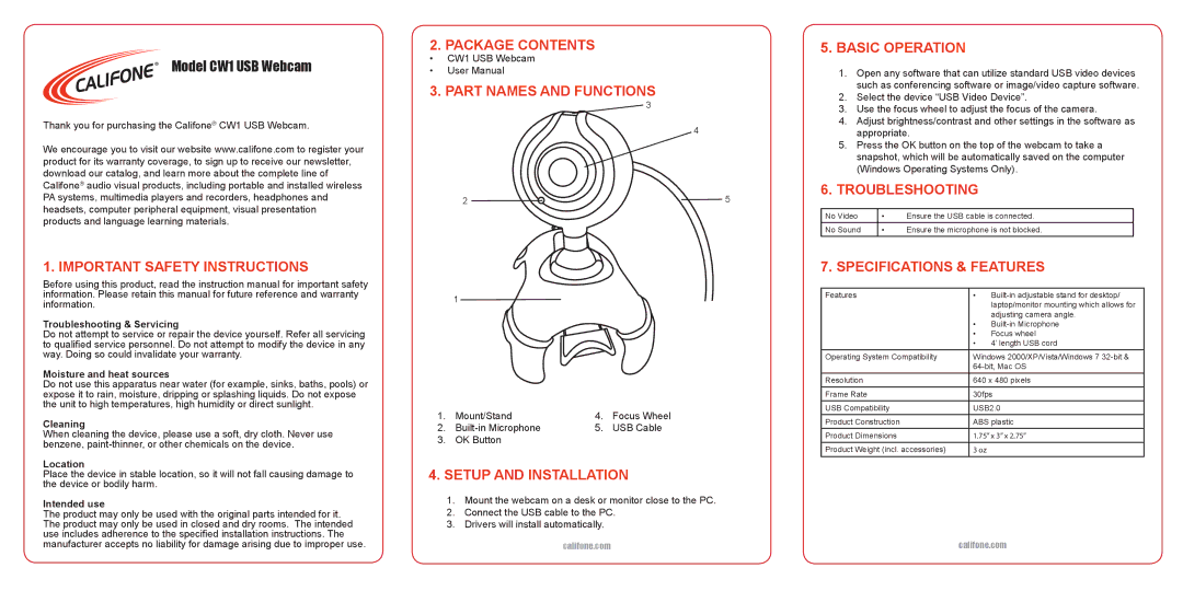 Califone CW1 user manual Important Safety Instructions, Package Contents, Part Names and Functions, Setup and Installation 