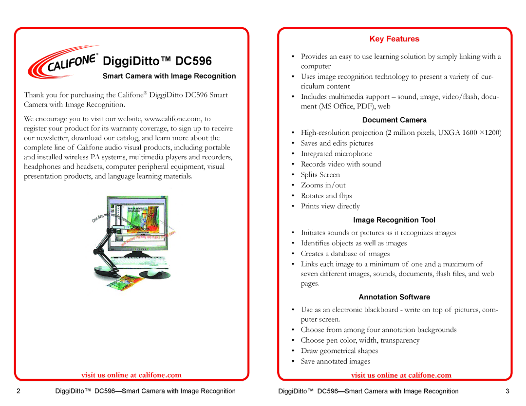 Califone user manual DiggiDitto DC596, Key Features 