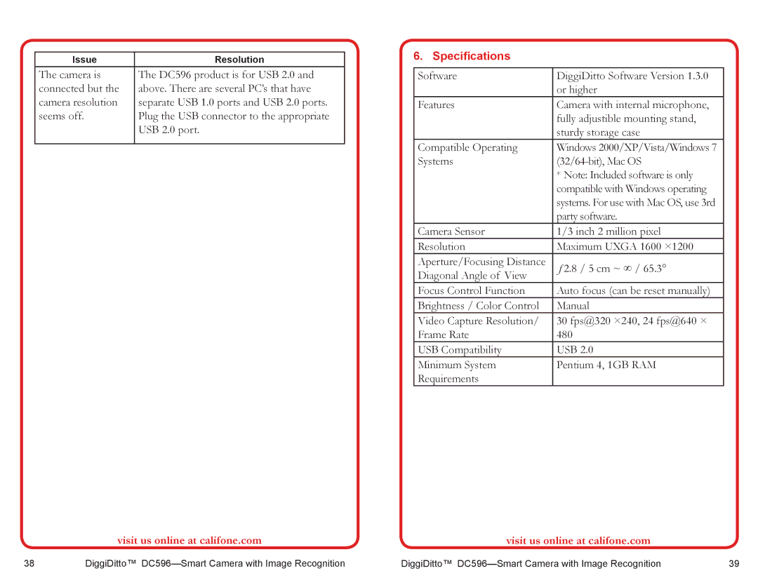 Califone DC596 user manual Specifications 