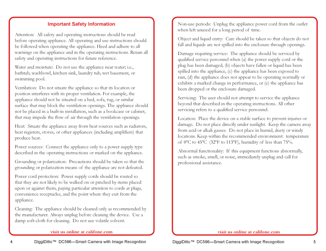 Califone DC596 user manual Important Safety Information 