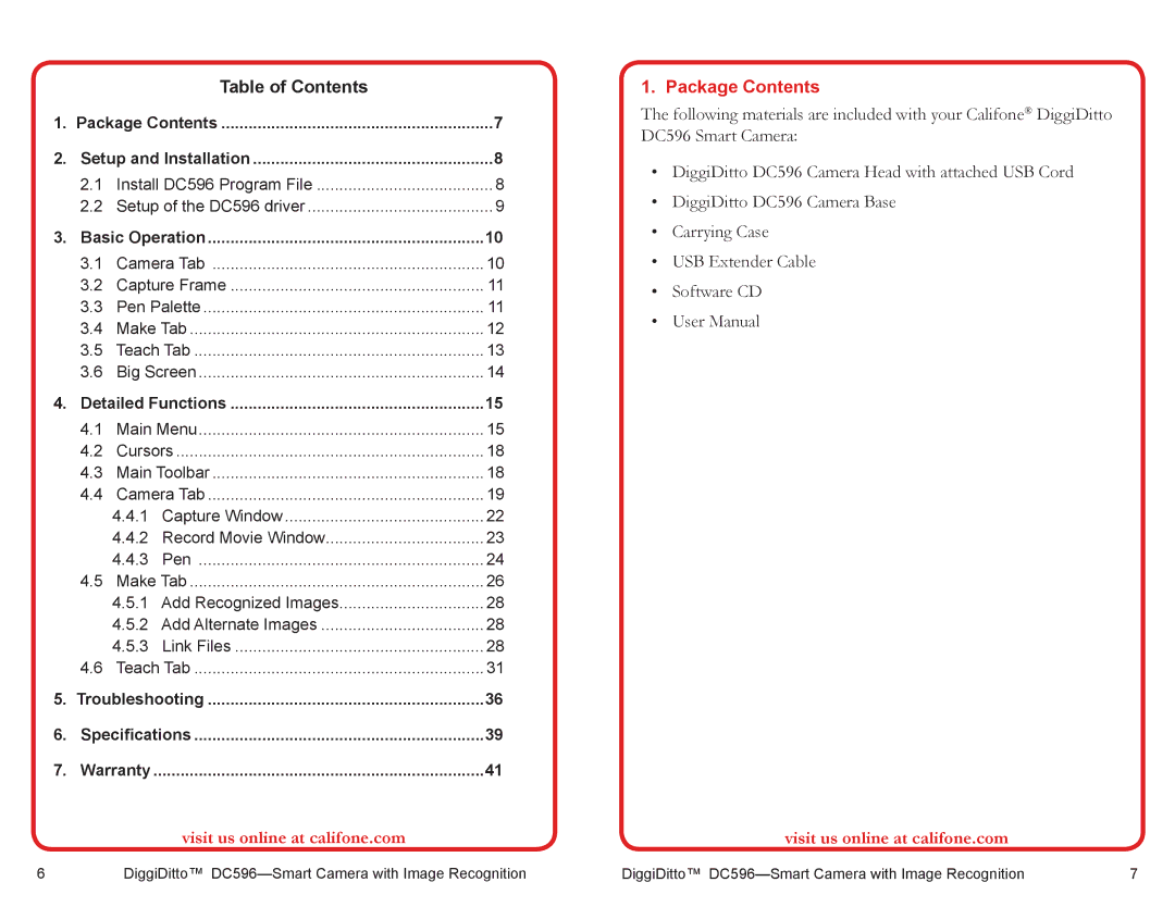 Califone DC596 user manual Package Contents 