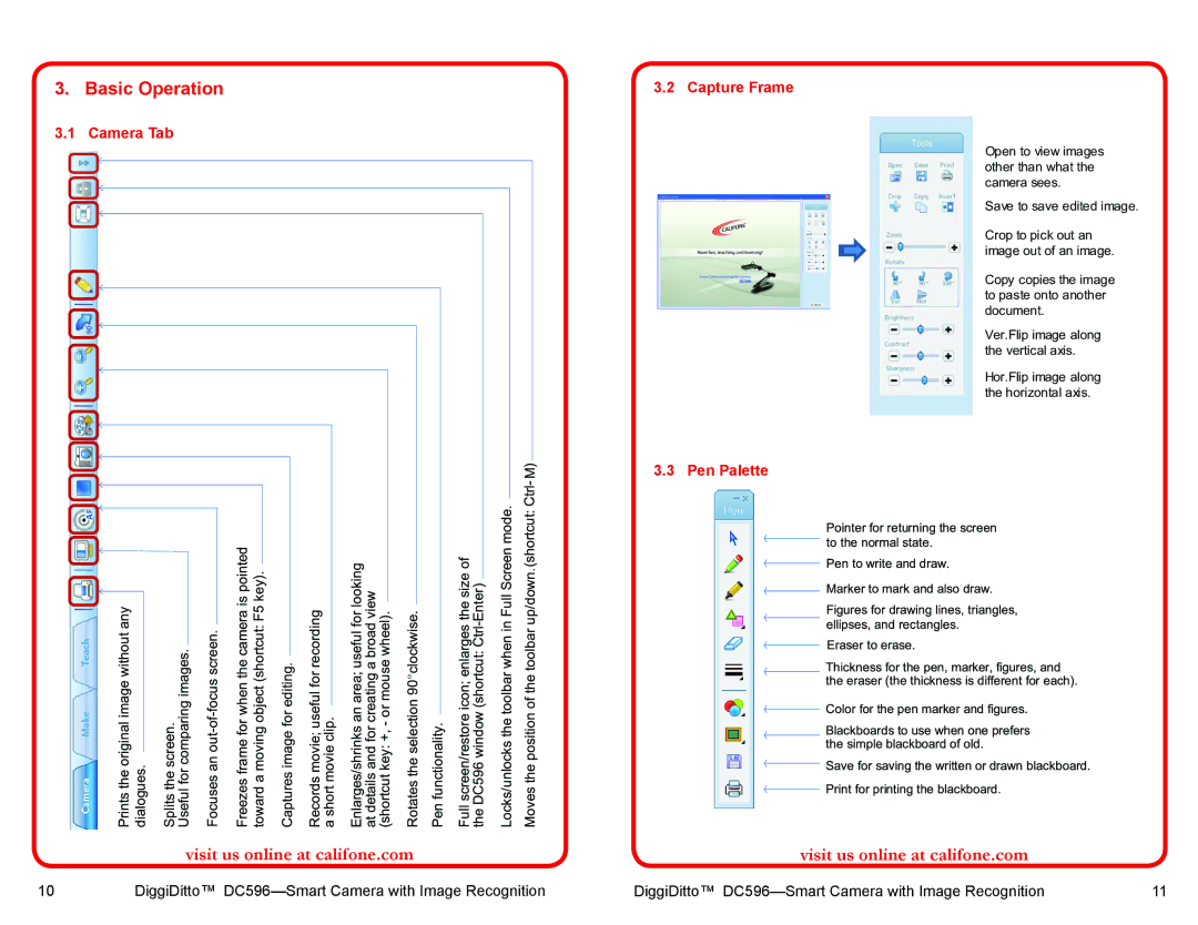 Califone DC596 user manual Basic Operation, Camera Tab 