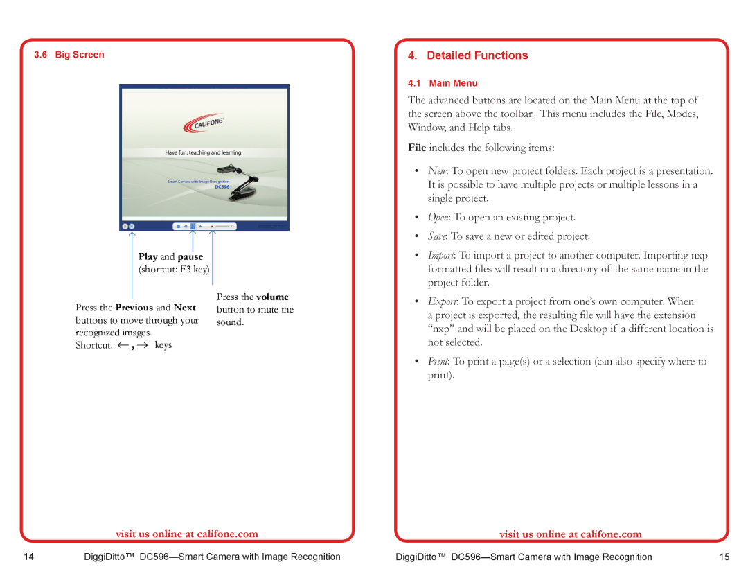 Califone DC596 user manual Detailed Functions, Project folder 