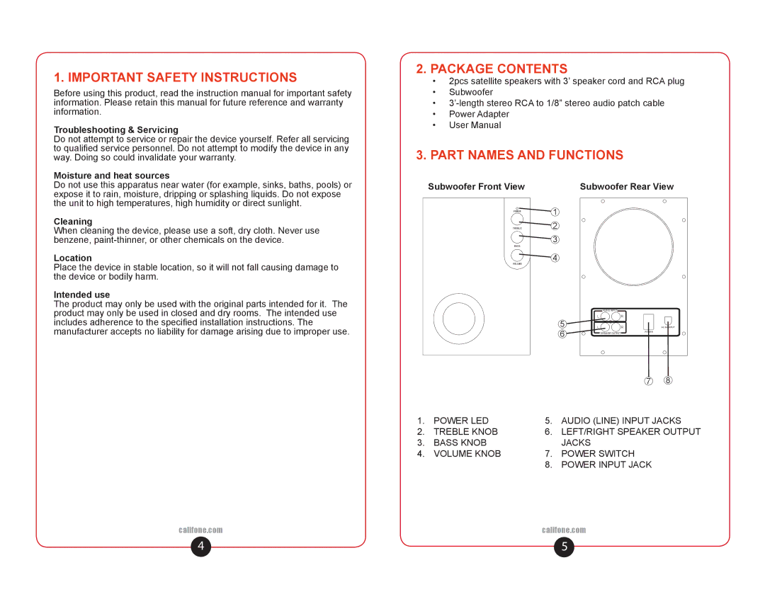 Califone DMS1 user manual Important Safety Instructions, Package Contents, Part Names and Functions 