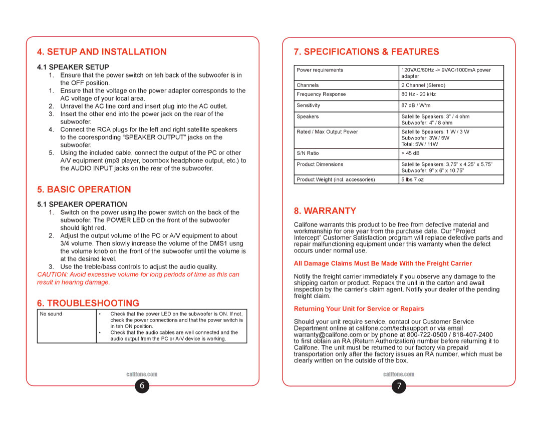 Califone DMS1 user manual Setup and Installation, Basic Operation, Troubleshooting, Specifications & Features, Warranty 