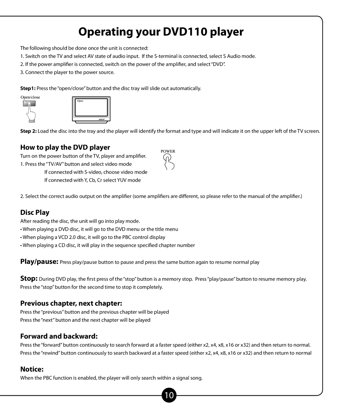 Califone DVD-110 Operating your DVD110 player, How to play the DVD player, Disc Play, Previous chapter, next chapter 