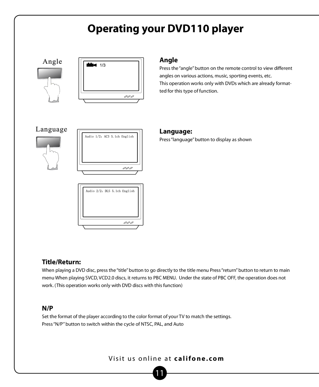 Califone DVD-110 owner manual Language, Title/Return 
