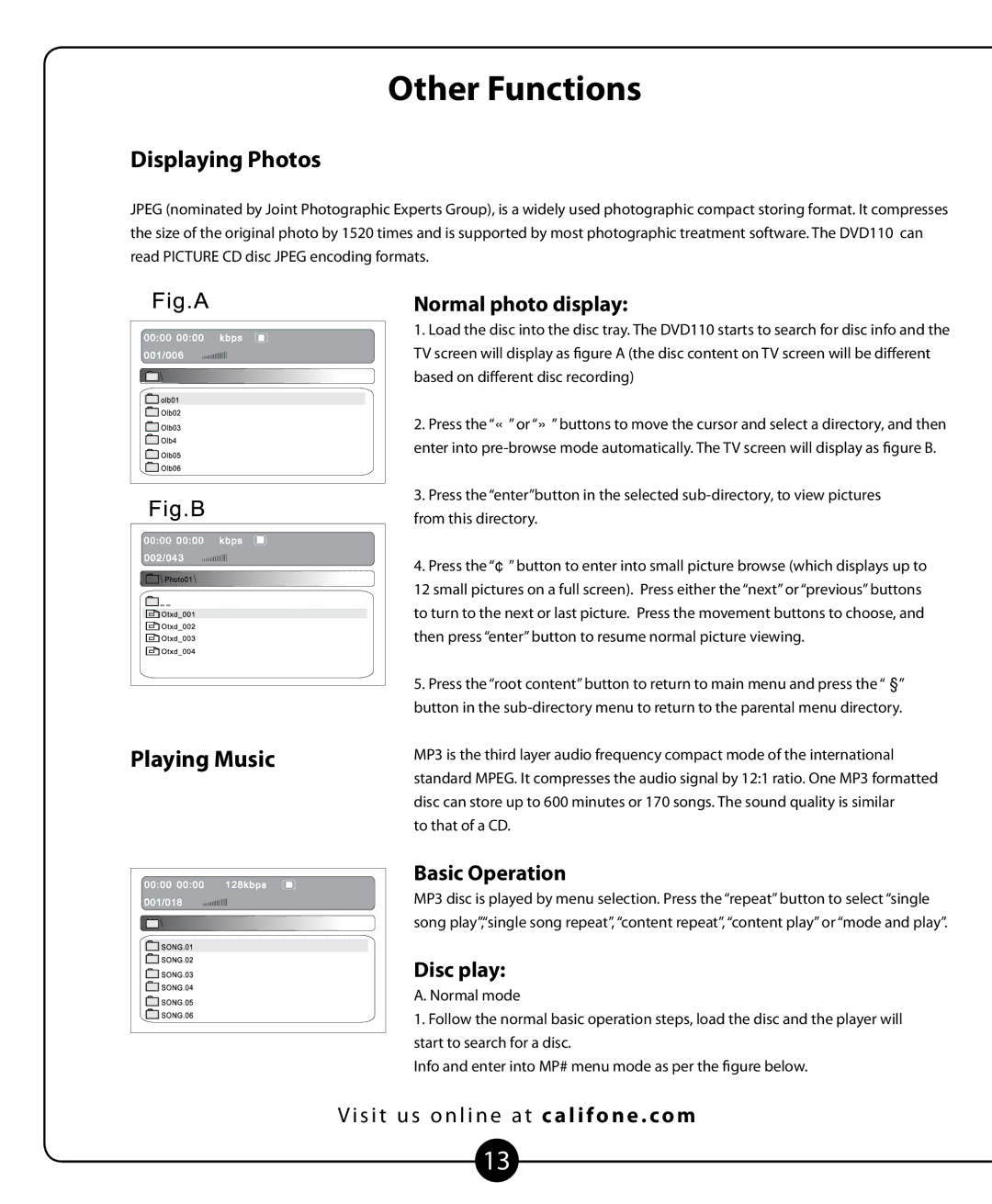Califone DVD-110 owner manual Other Functions, Normal photo display, Basic Operation 