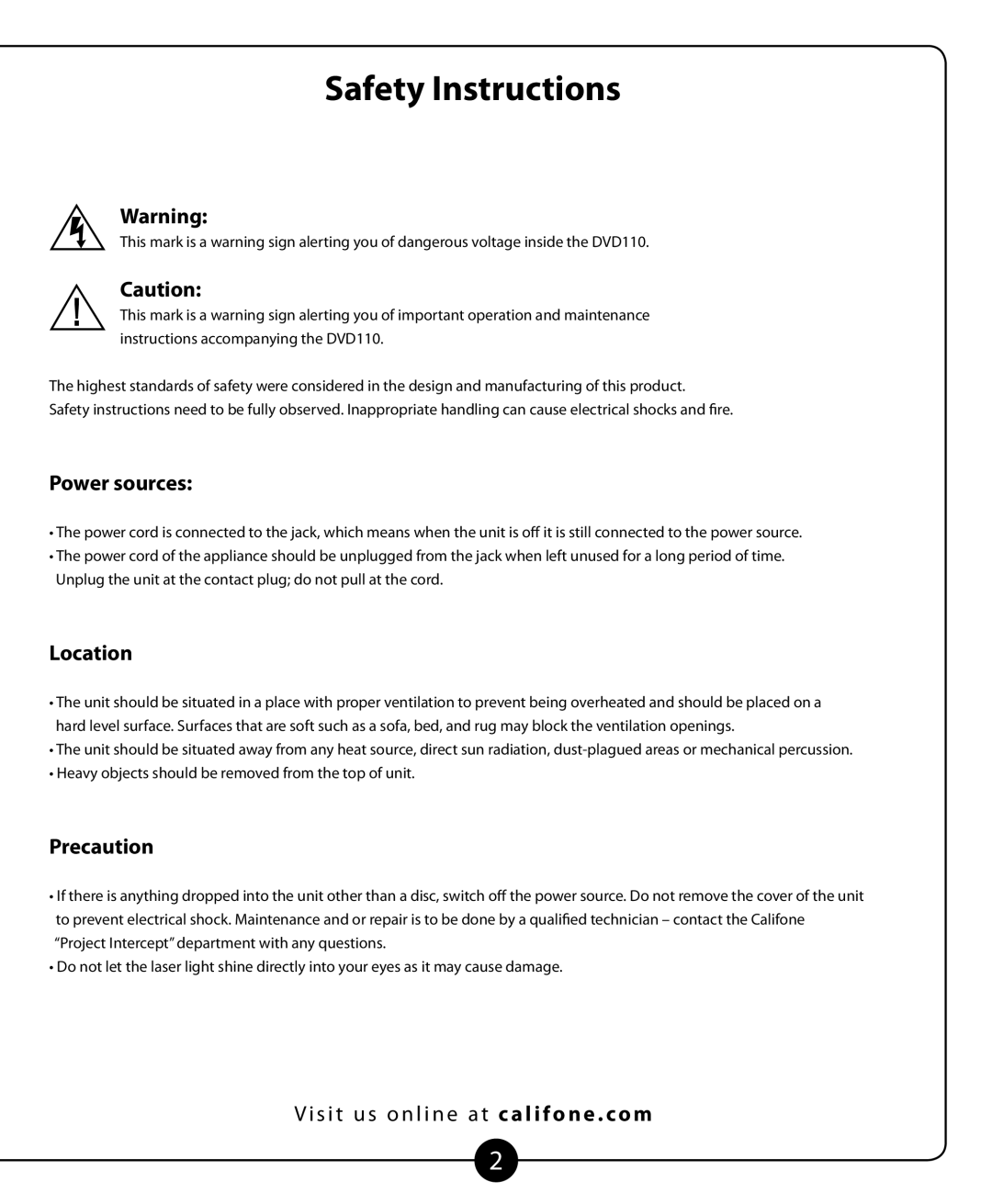 Califone DVD-110 owner manual Safety Instructions, Power sources, Location, Precaution 