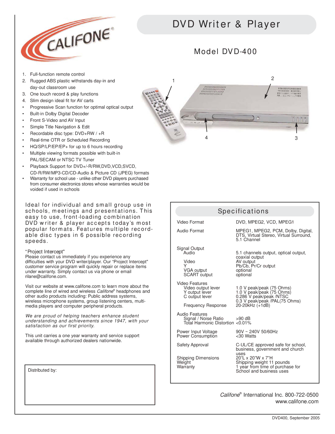 Califone specifications DVD Writer & Player, Model DVD-400, Specifications, DVD, MPEG2, VCD, MPEG1 