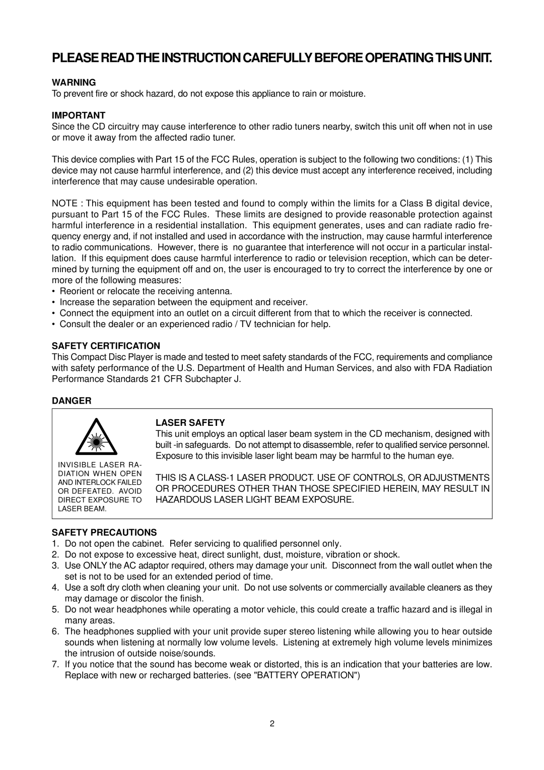 Califone DVD105 operation manual Safety Certification, Laser Safety, Safety Precautions 