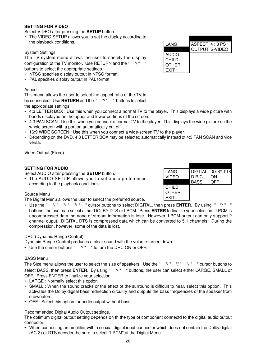 Califone DVD105 operation manual Setting for Video, Setting for Audio 