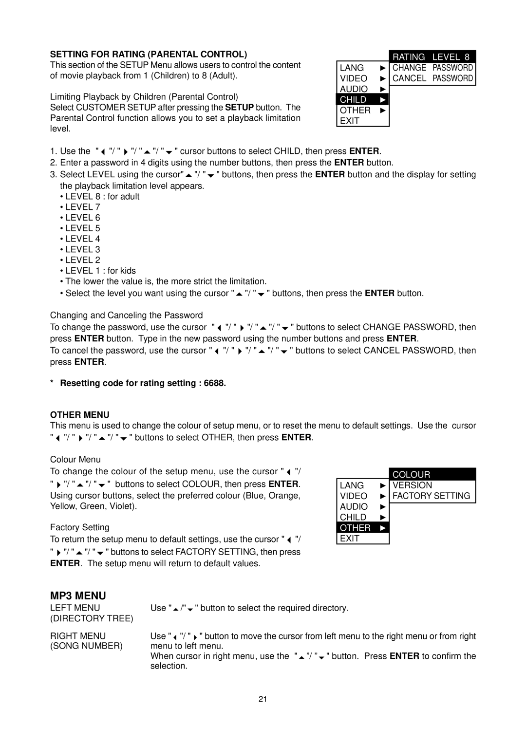 Califone DVD105 operation manual MP3 Menu, Setting for Rating Parental Control, Other Menu 