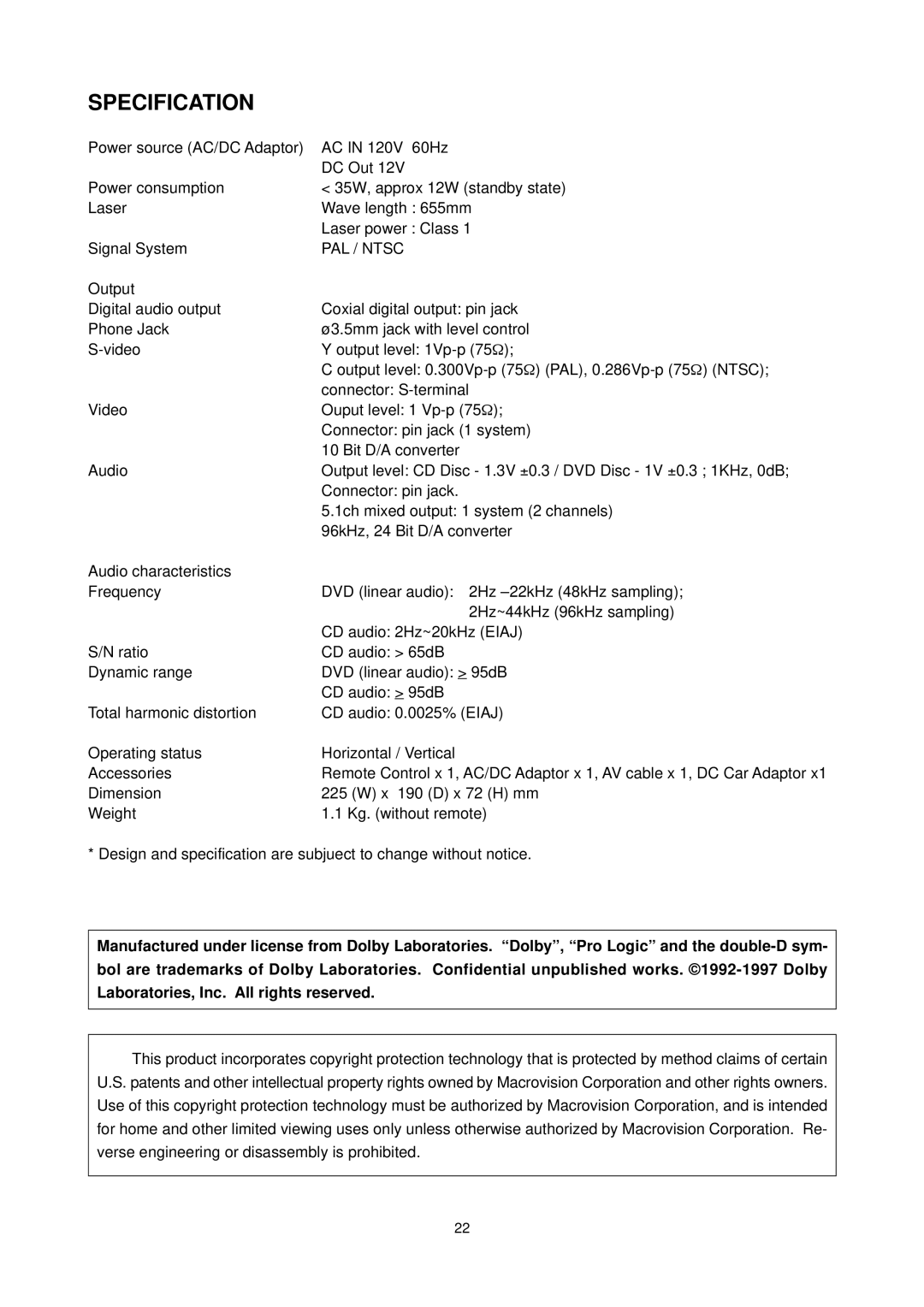 Califone DVD105 operation manual Specification, PAL / Ntsc 