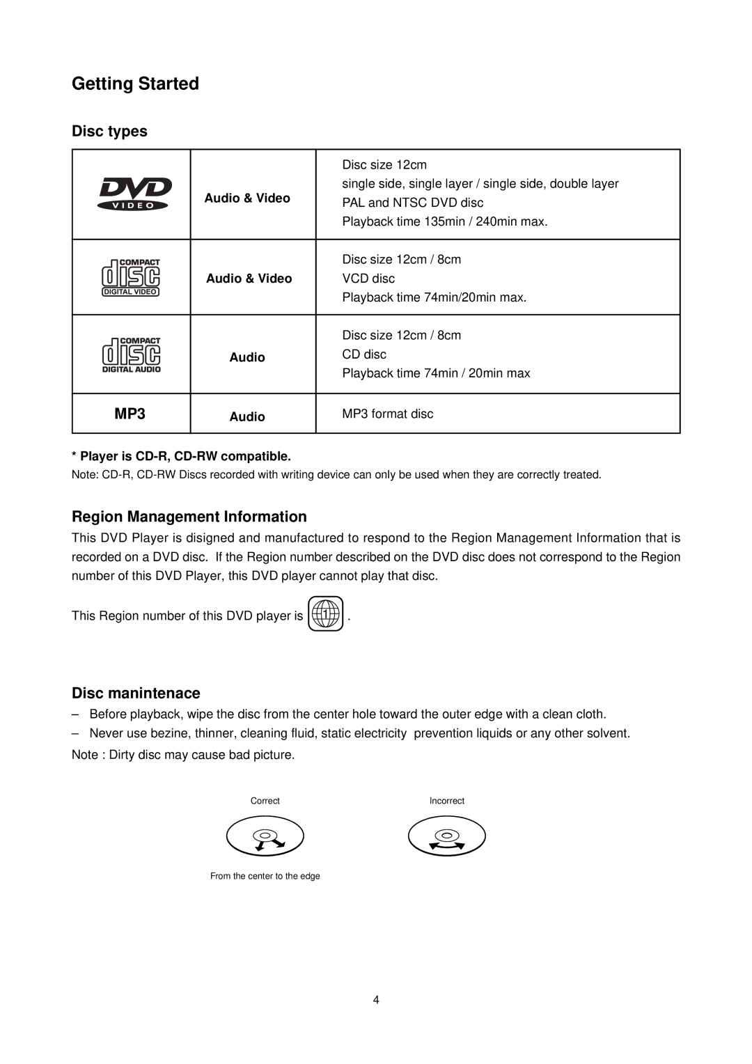 Califone DVD105 operation manual Disc types, MP3, Region Management Information, Disc manintenace 