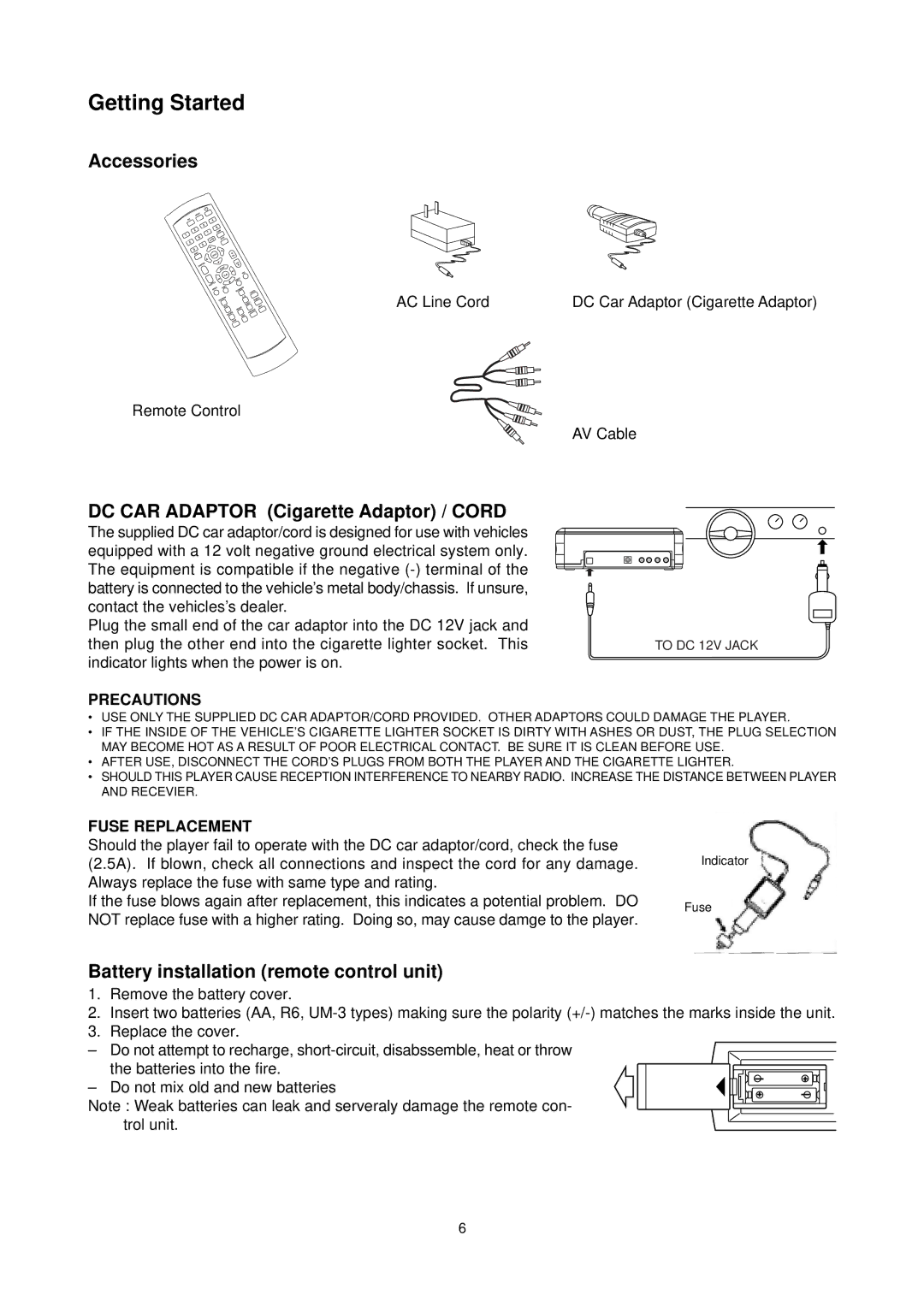 Califone DVD105 Accessories, DC CAR Adaptor Cigarette Adaptor / Cord, Battery installation remote control unit 