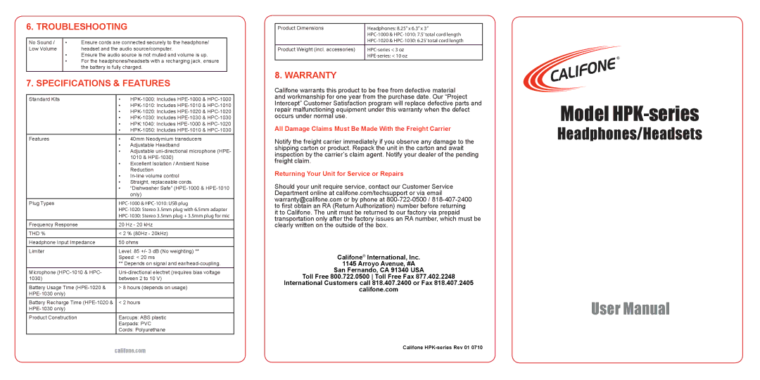 Califone HPK user manual Troubleshooting, Specifications & Features, Warranty 