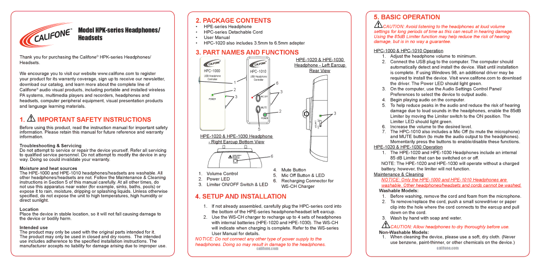 Califone HPK user manual Package Contents, Part Names and Functions Basic Operation, Important Safety Instructions 