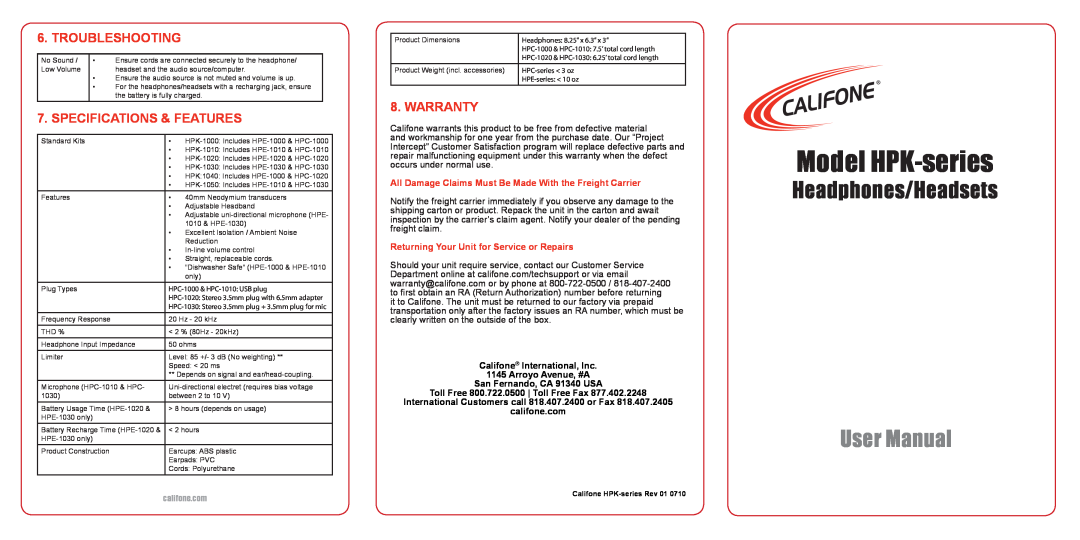 Califone HPK user manual Troubleshooting, Specifications & Features, Warranty, Califone International, Inc 
