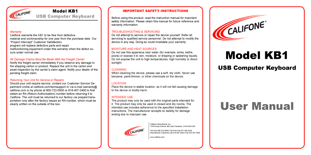 Califone KB1 important safety instructions Warranty, All Damage Claims Must Be Made With the Freight Carrier 