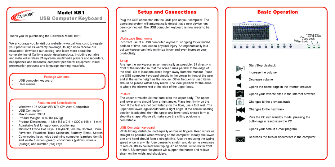 Califone KB1 important safety instructions Workspace Ergonomics, Setup, Posture, USB Computer Keyboard 