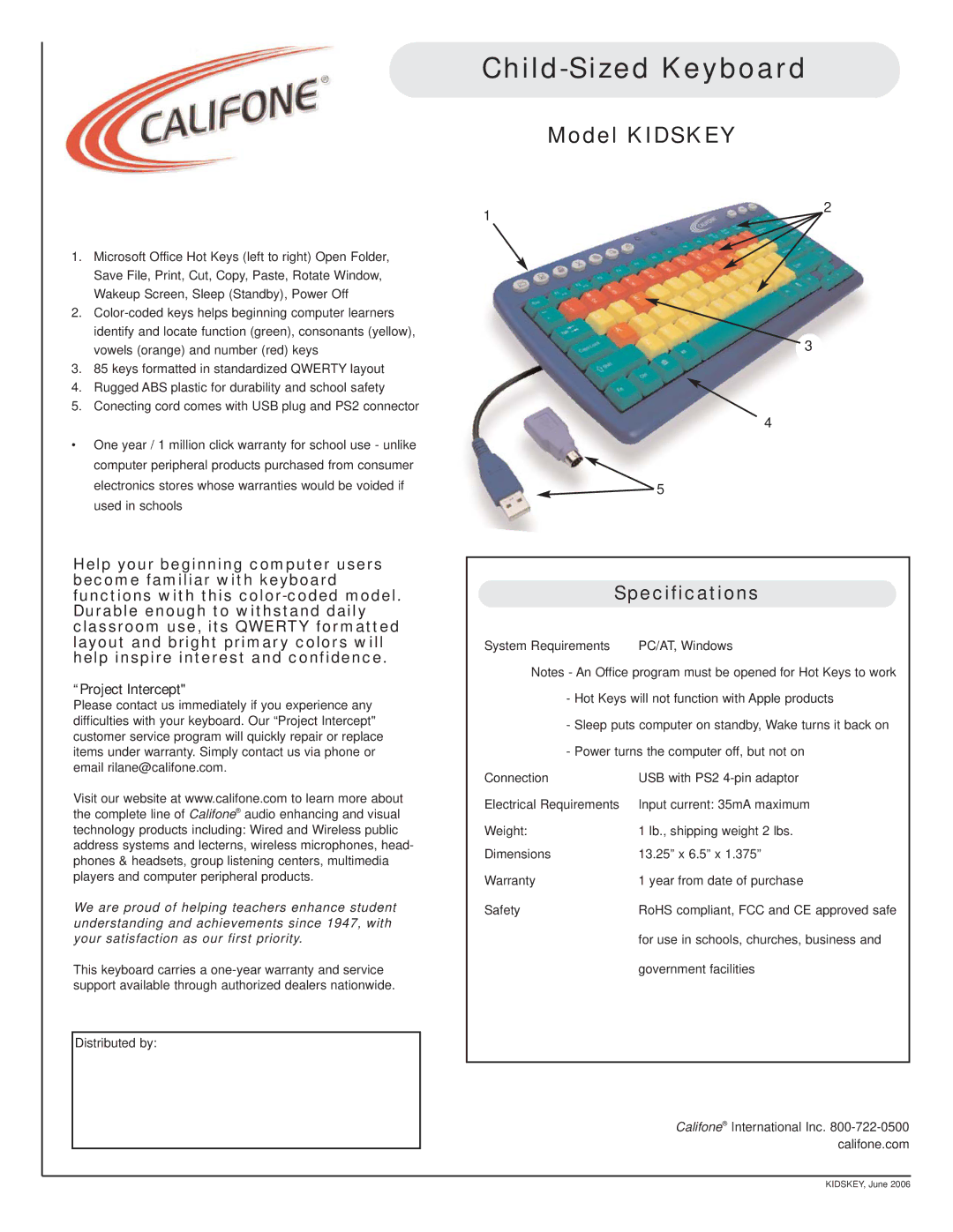 Califone KIDSKEY specifications Child-Sized Keyboard, Model Kidskey, Specifications 