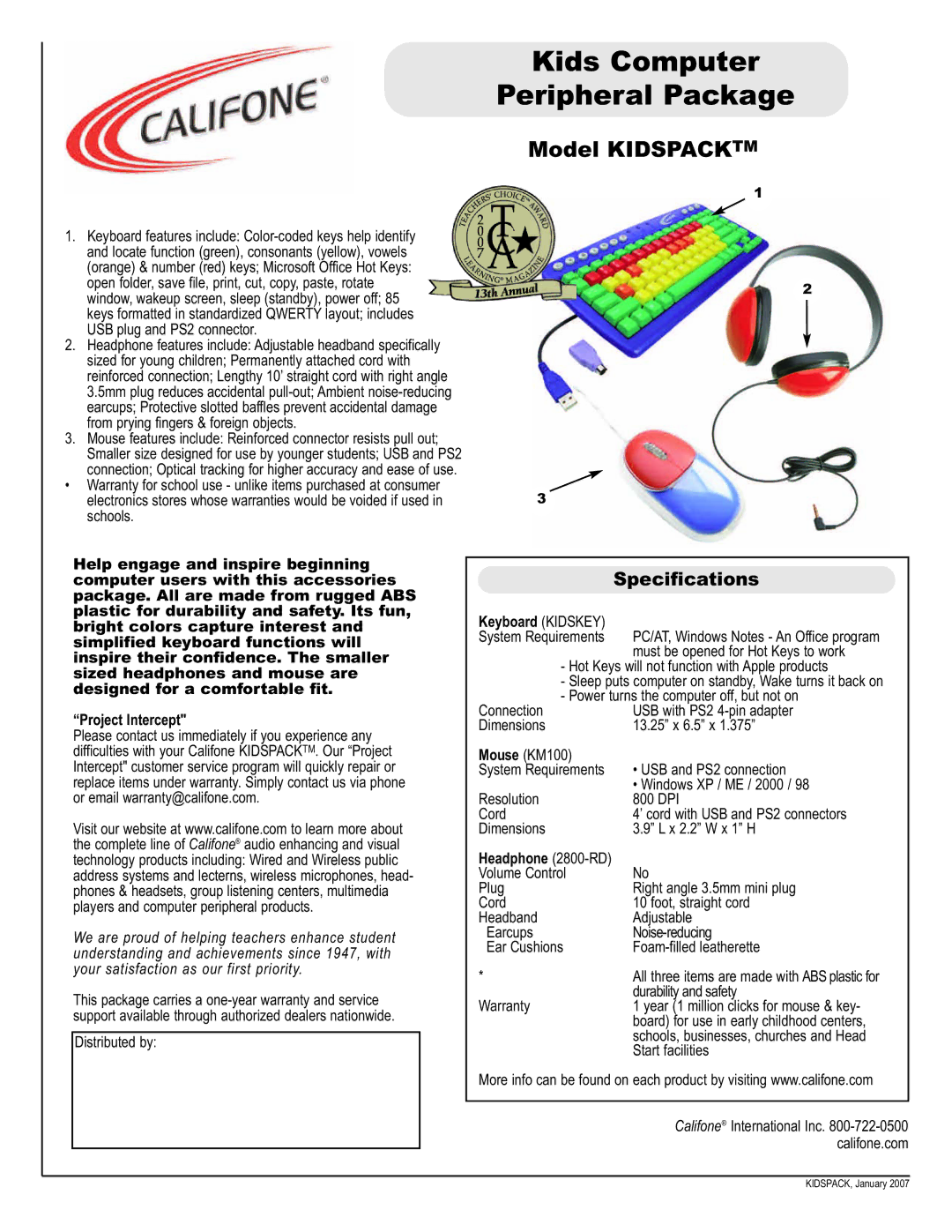 Califone KIDSPACK specifications Kids Computer Peripheral Package, Model Kidspacktm, Specifications 