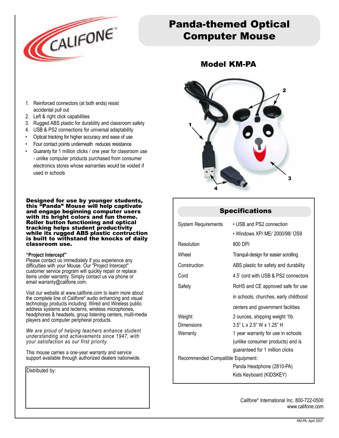Califone specifications Panda-themed Optical Computer Mouse, Model KM-PA, Specifications 