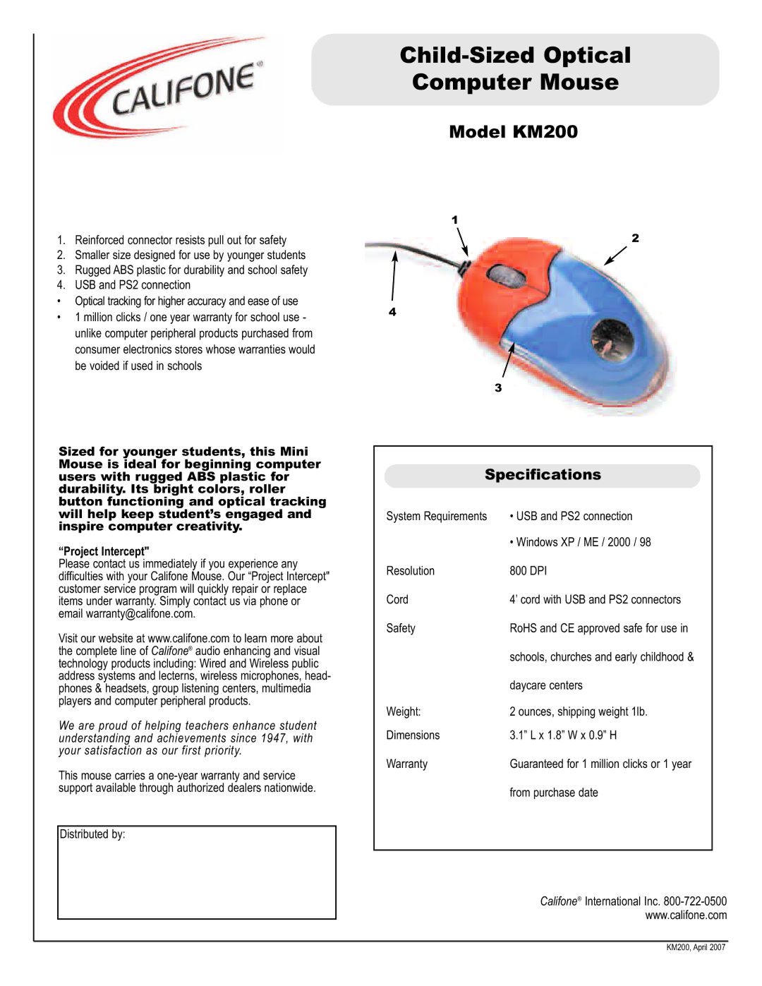 Califone specifications Child-Sized Optical Computer Mouse, Model KM200, Specifications 