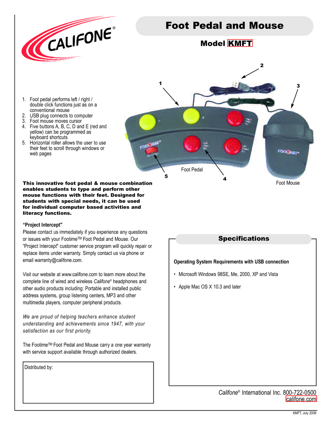 Califone KMFT specifications Foot Pedal and Mouse, Model Kmft, Specifications, Project Intercept 