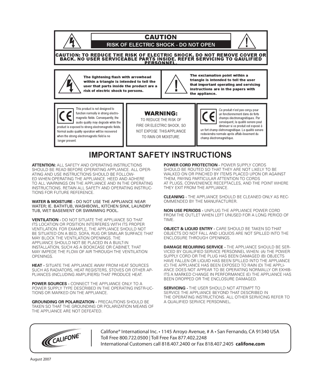 Califone LP-1 owner manual Important Safety Instructions 