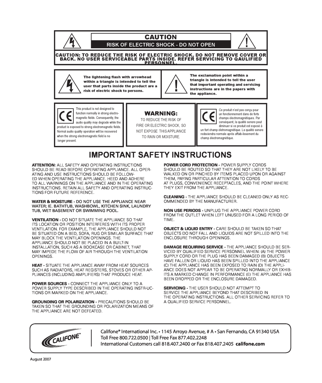 Califone LP-1 owner manual Important Safety Instructions, Risk Of Electric Shock - Do Not Open 