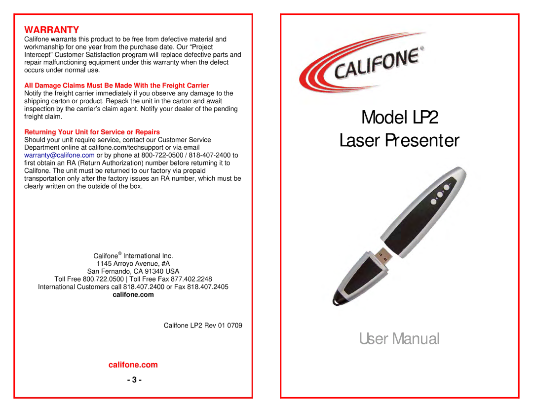 Califone warranty Model LP2 Laser Presenter, Warranty, All Damage Claims Must Be Made With the Freight Carrier 