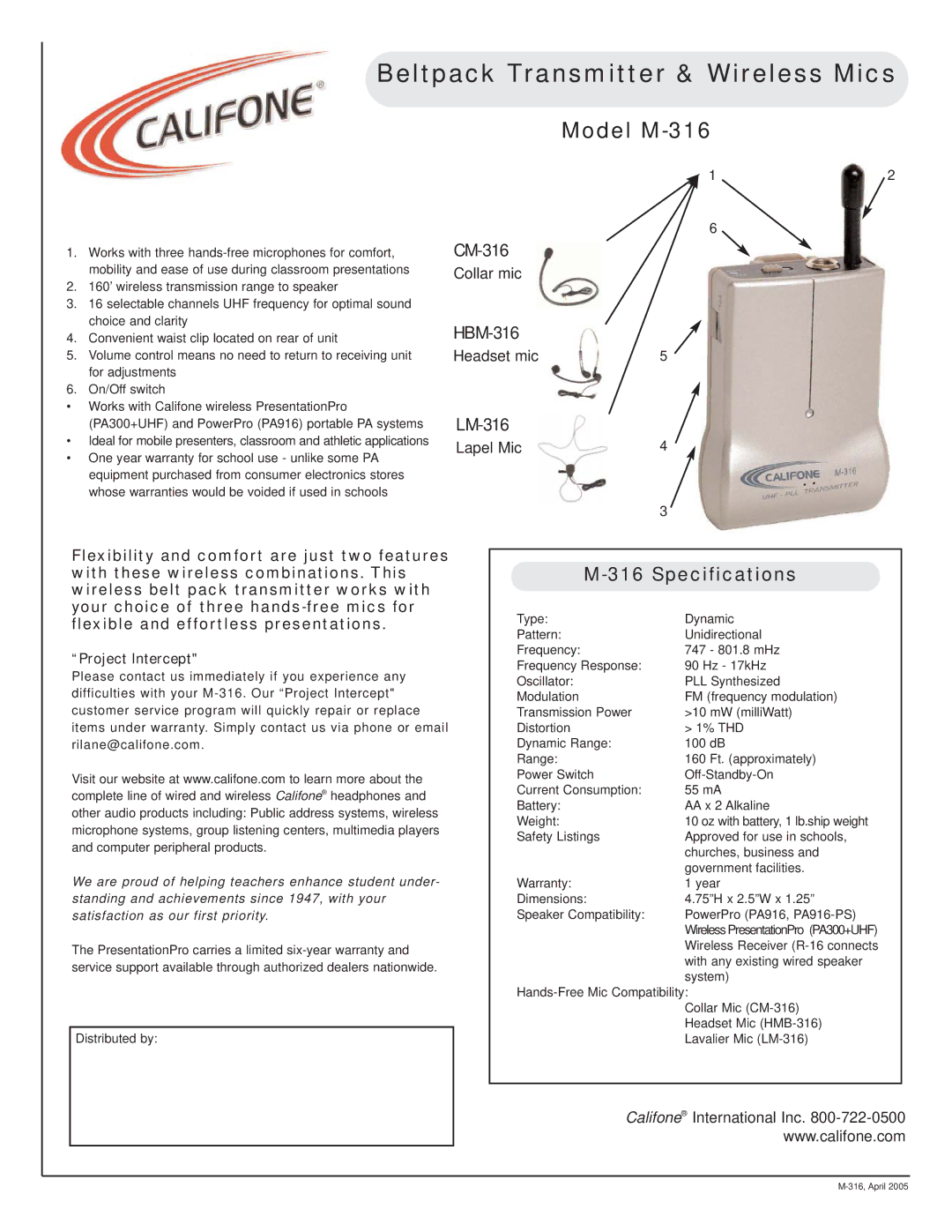 Califone specifications Beltpack Transmitter & Wireless Mics, Model M-316, CM-316, HBM-316 Headset mic LM-316 Lapel Mic 