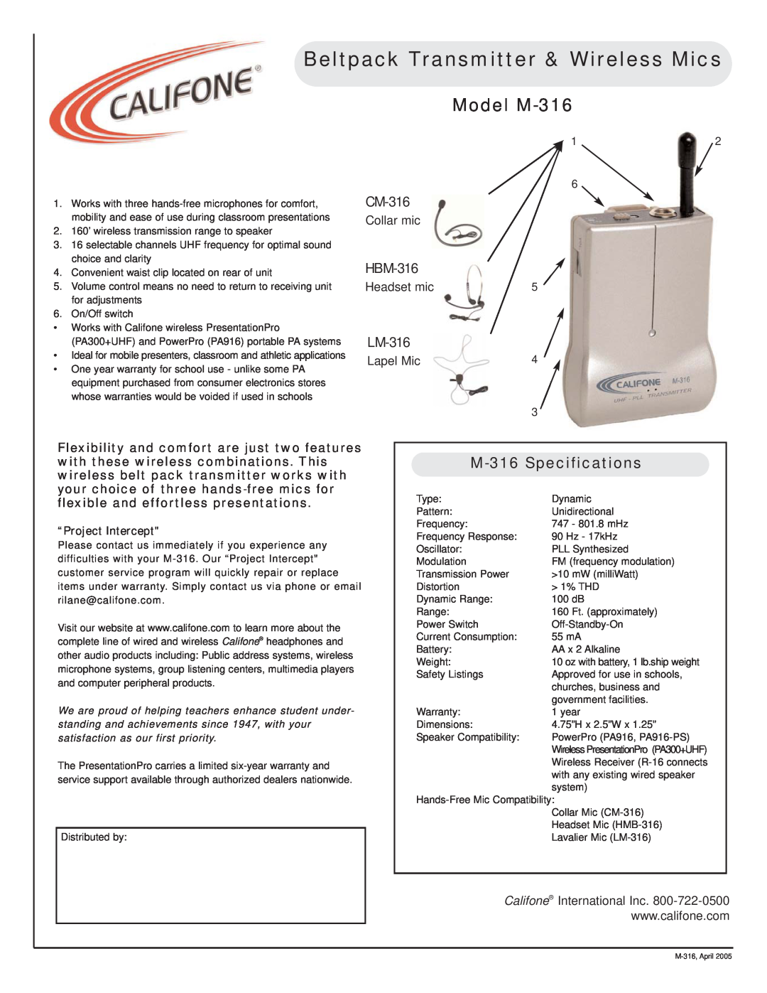 Califone specifications Beltpack Transmitter & Wireless Mics, Model M-316, CM-316, Collar mic, HBM-316, Headset mic 