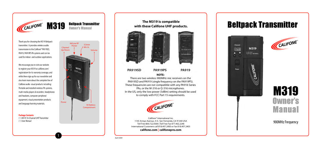 Califone M319 owner manual Package Contents 