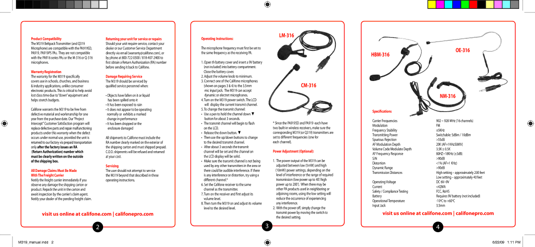 Califone M319 owner manual LM-316 CM-316 HBM-316 OE-316, NM-316 