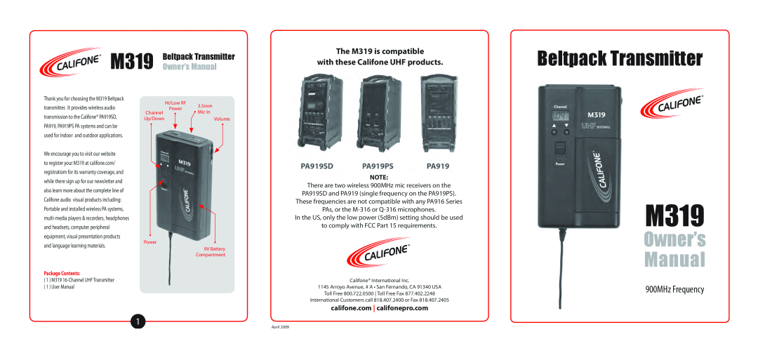 Califone owner manual Package Contents, Beltpack Transmitter, 900MHz Frequency, The M319 is compatible 