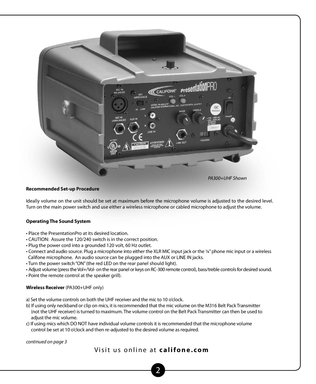 Califone MB-350 owner manual Recommended Set-up Procedure, Operating The Sound System, Wireless Receiver PA300+UHF only 