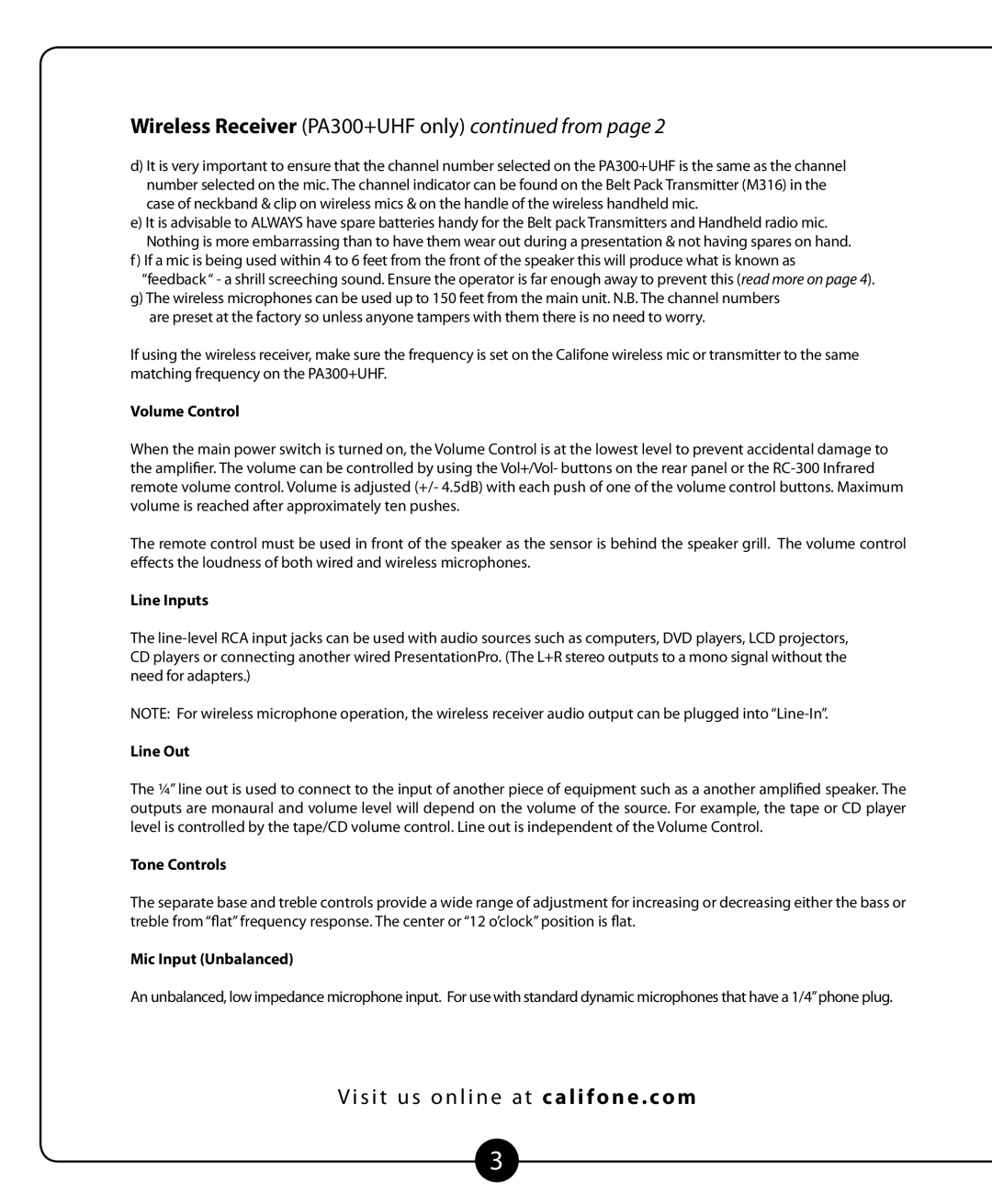 Califone MB-350 owner manual Volume Control, Line Inputs, Line Out, Tone Controls, Mic Input Unbalanced 