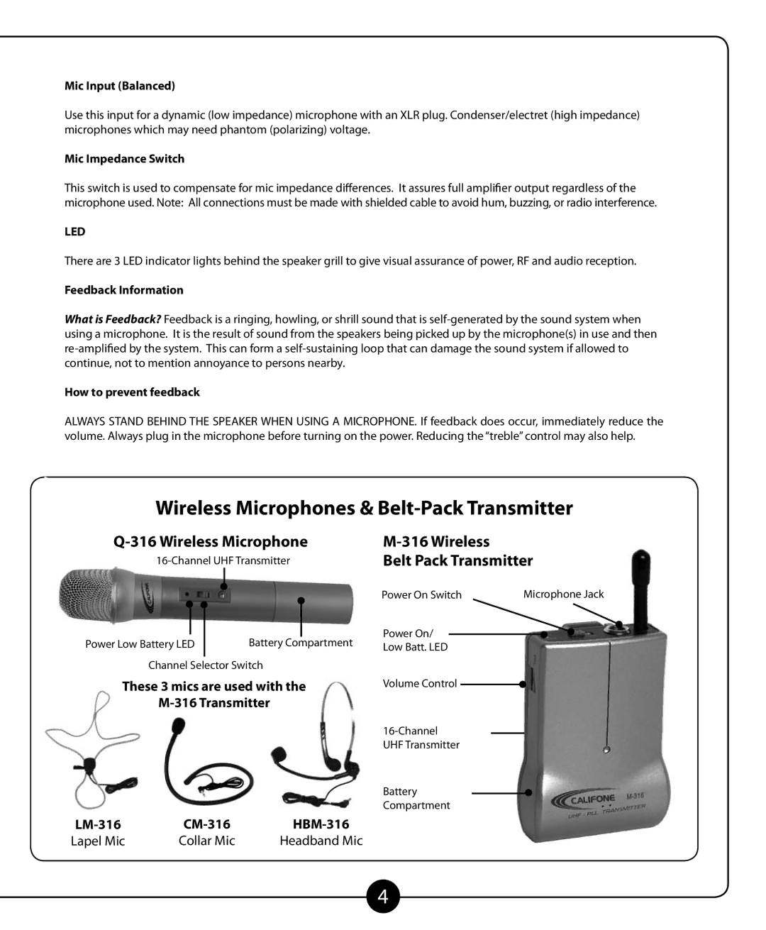 Califone MB-350 owner manual Mic Input Balanced, Mic Impedance Switch, Led, Feedback Information, How to prevent feedback 