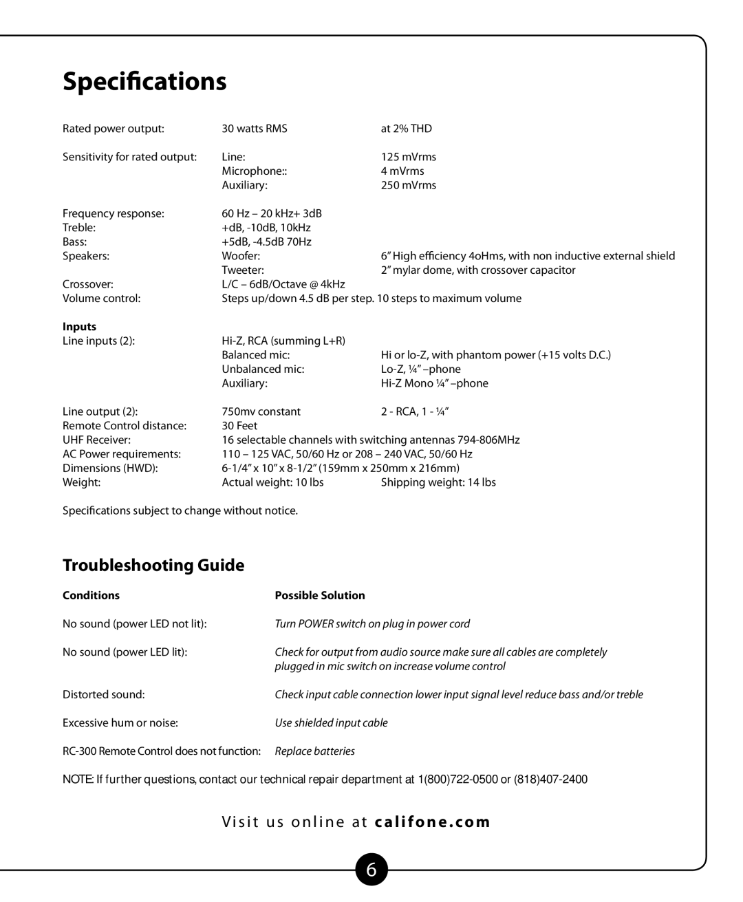 Califone MB-350 owner manual Specifications, Troubleshooting Guide, Inputs, Conditions Possible Solution 