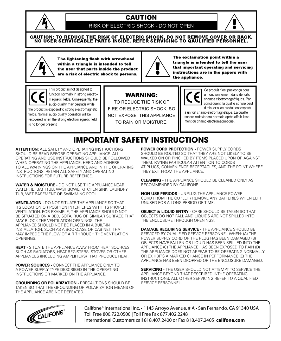 Califone MB-350 owner manual Important Safety Instructions 