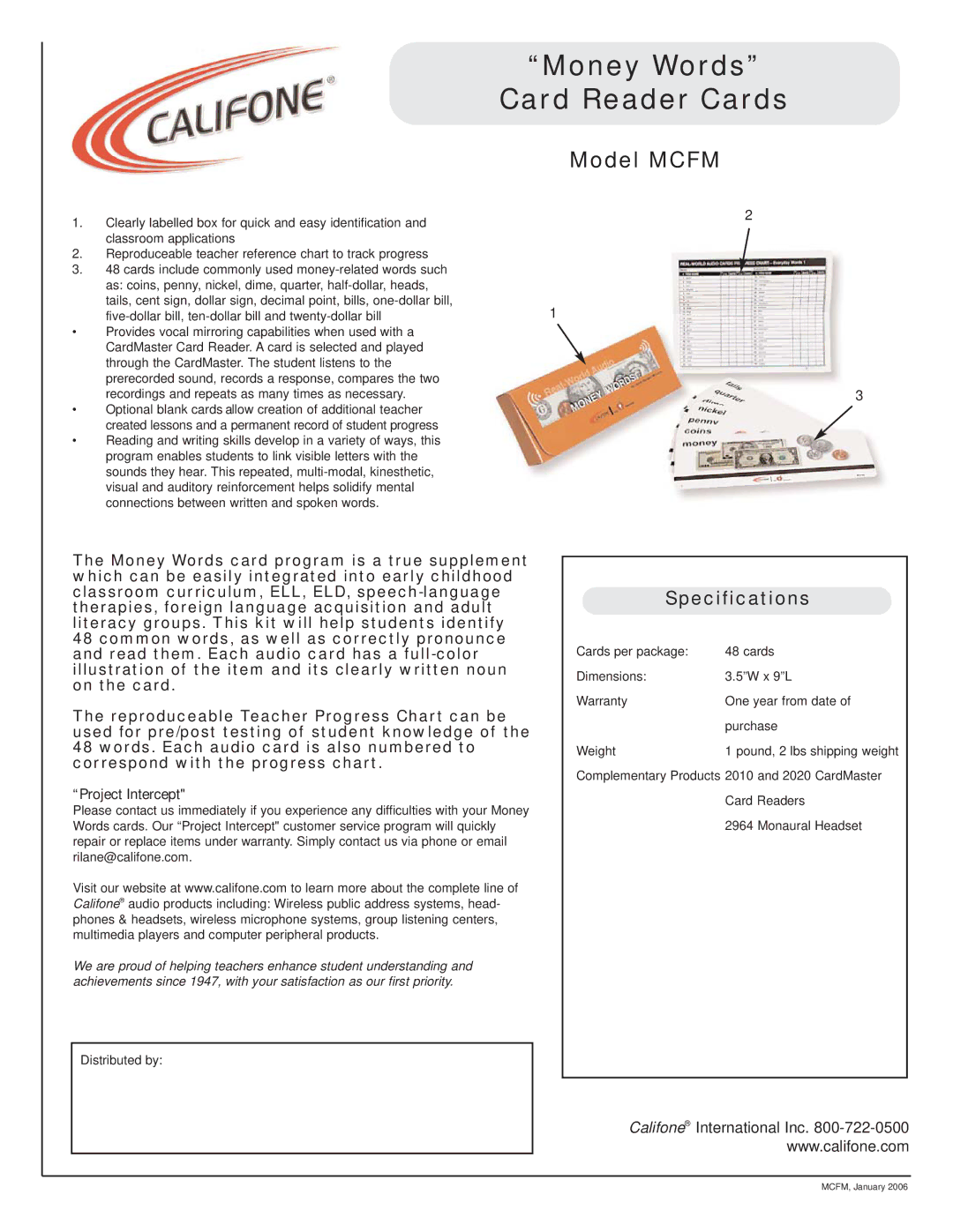 Califone MCFM specifications Money Words Card Reader Cards, Model Mcfm, Specifications 