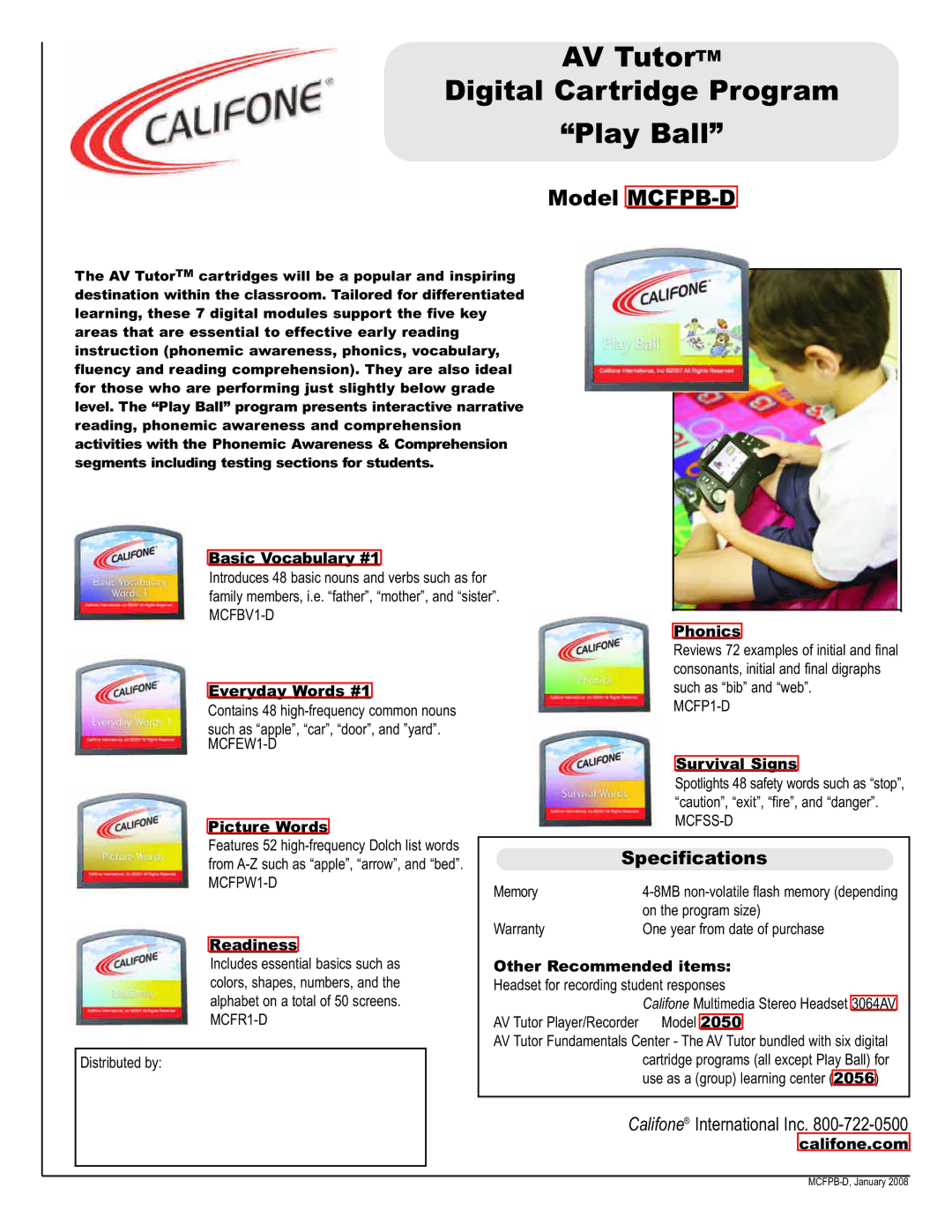 Califone MCFSS-D, MCFR1-D specifications AV TutorTM Digital Cartridge Program Play Ball, Model MCFPB-D, Specifications 