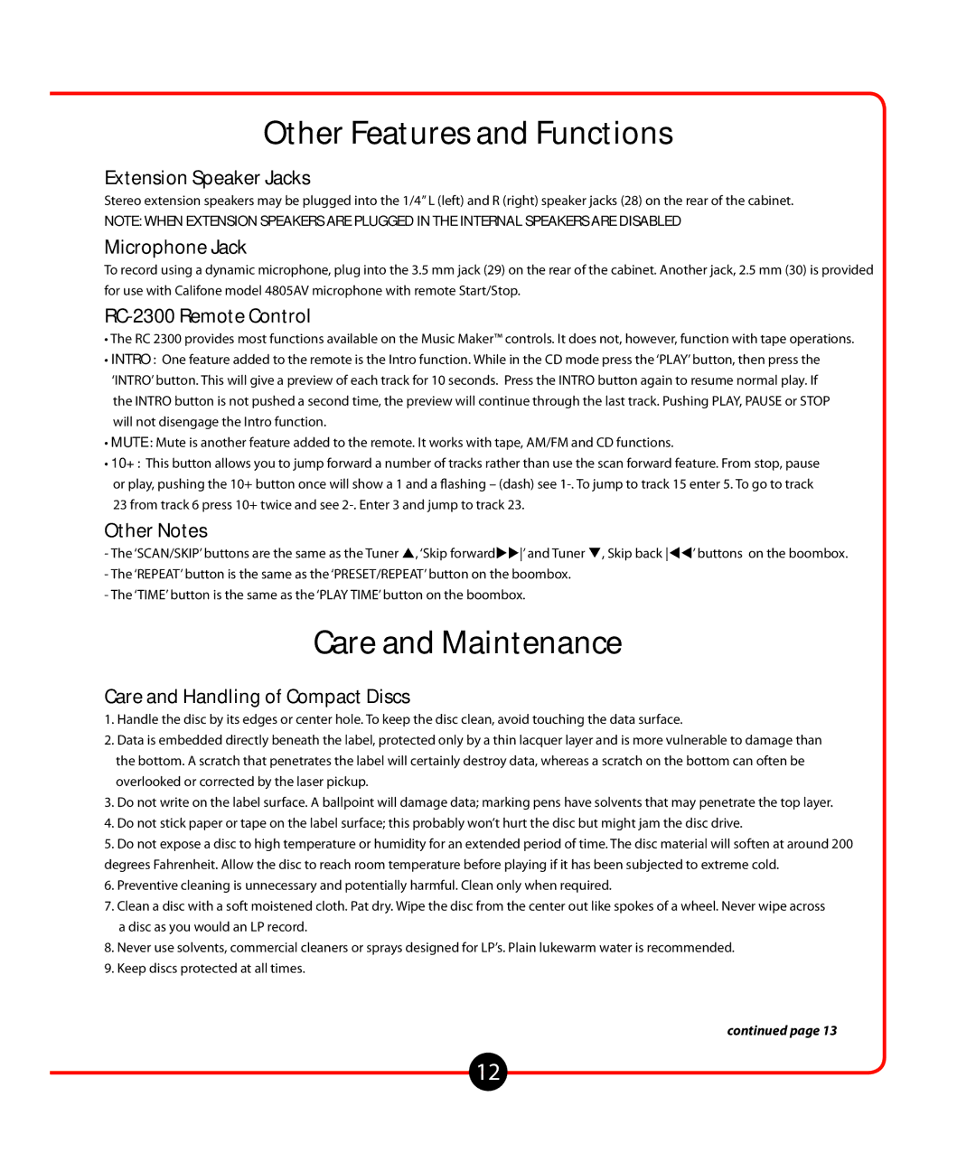 Califone Music Maker owner manual Other Features and Functions, Care and Maintenance 