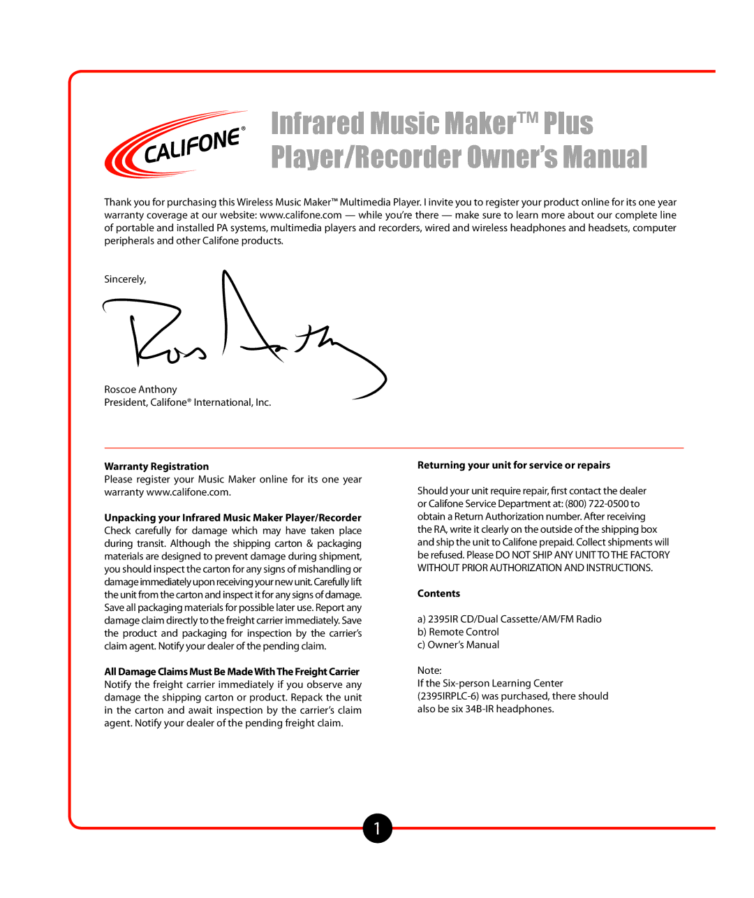 Califone Music Maker owner manual Warranty Registration, Returning your unit for service or repairs, Contents 