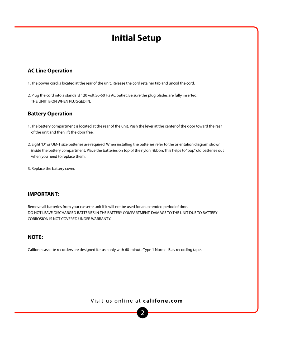 Califone Music Maker owner manual Initial Setup, AC Line Operation, Battery Operation 