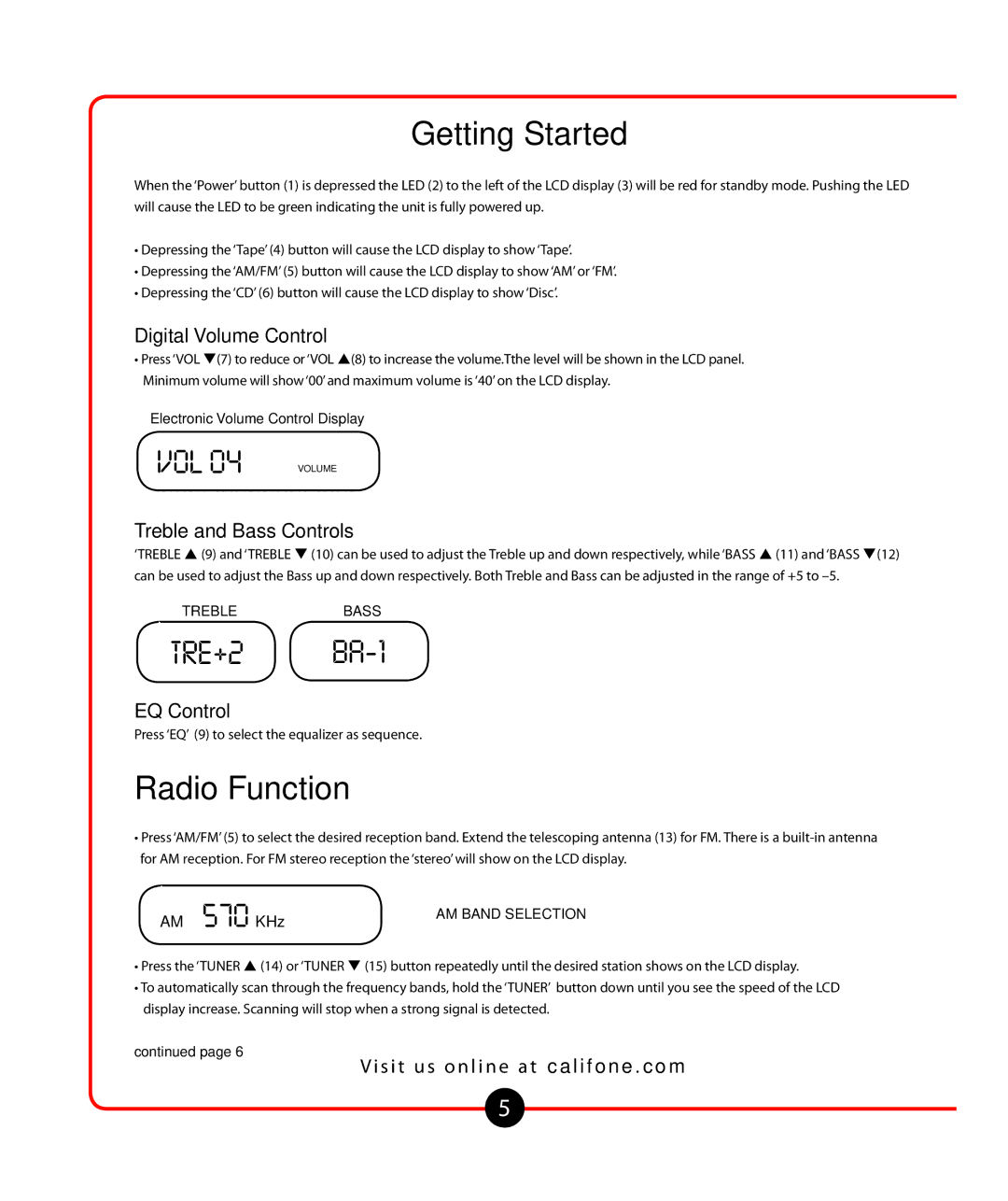 Califone Music Maker Getting Started, Radio Function, Digital Volume Control, Treble and Bass Controls, EQ Control 